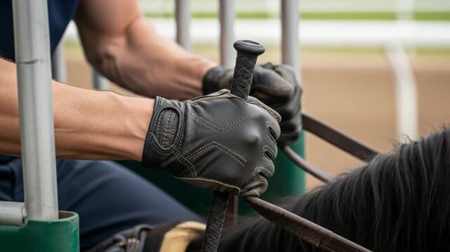 Close-up of horse racing with jockey preparing to start, showcasing rider's hands gripping reins. The horse racing competition shows strength and control by the jockey.
