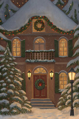 Cozy Snowy Christmas House with Wreath and Lights — Watercolor Illustration