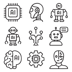 Artificial Intelligence web icons in line style. Innovation technology, machine, robot, bot, brain vector