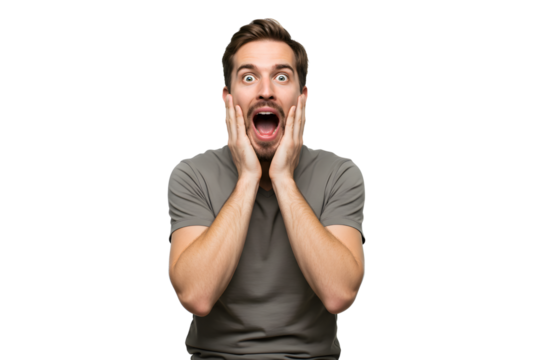 Shocked Man With Hands On Face Looking At Camera isolated on transparent cutout background, cut out, png