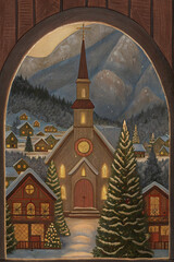 Christmas Church with Tree and Snow — Peaceful Watercolor Illustration
