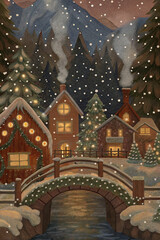 Christmas Village Street with Trees and Lights — Watercolor Illustration