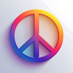 A vibrant, three-dimensional peace symbol, featuring a gradient of rainbow colors, sits on a light gray background.  The symbol's outline is bold and raised, creating a sense of depth