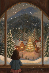 Children Watching Snowy Christmas Village through Window — Watercolor Illustration