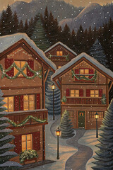 Christmas Village Street with Trees and Lights — Watercolor Illustration