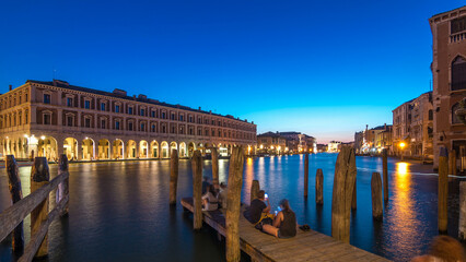 View of the deserted Rialto Market day to night timelapse after sunset, Venice, Italy viewed from...