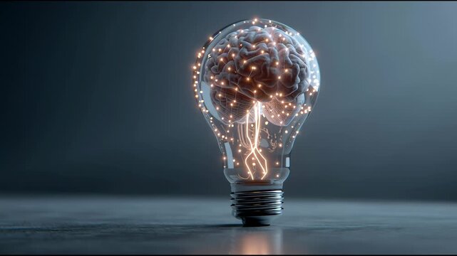 Illuminating Insights: A light bulb glows brightly, its inner workings revealing a human brain, representing the spark of innovation, ideas, and creativity