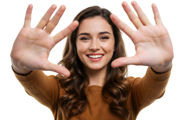 Young Woman Showing Her Hands and Smiling isolated on transparent cutout background, cut out, png