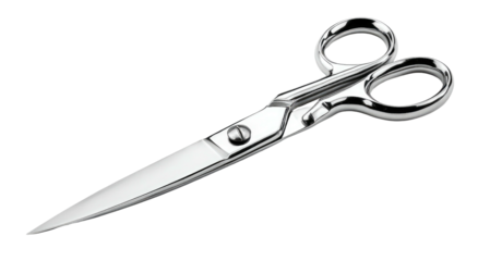 Shiny steel scissors with smooth, curved handles and sharp blades. Isolated on a black background