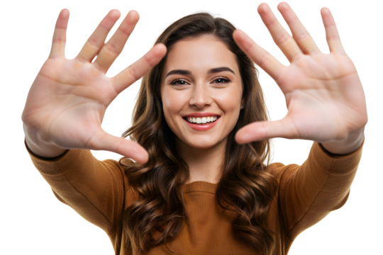 Young Woman Showing Her Hands and Smiling isolated on transparent cutout background, cut out, png