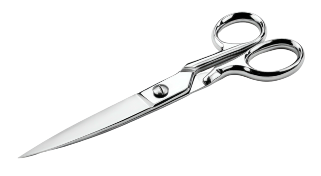 Shiny steel scissors with smooth, curved handles and sharp blades. Isolated on a black background - Powered by Adobe