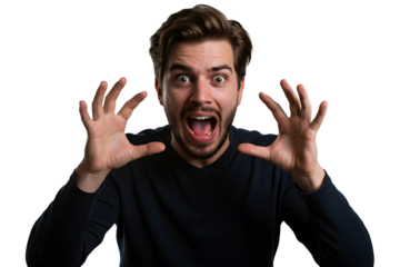 Man with excited expression, hands up in air isolated on transparent cutout background, cut out, png