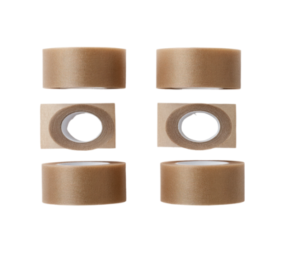 Six beige adhesive tape rolls arranged on a dark backdrop. Three rolls face outward, others have inner views