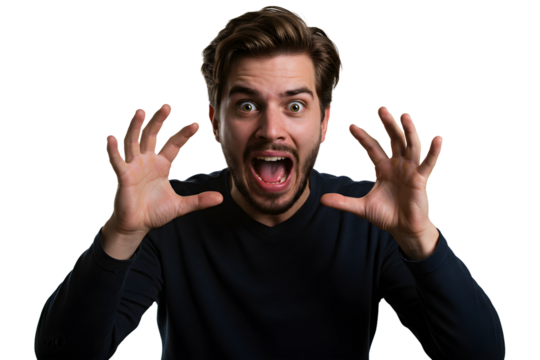 Man with excited expression, hands up in air isolated on transparent cutout background, cut out, png