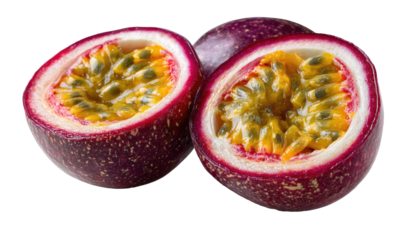 Two passion fruit halves and a whole one, showcasing pulp, seeds, and vibrant purple skin