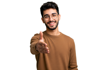 Friendly young man in glasses extending his hand for a handshake isolated on transparent cutout background, cut out, png