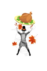 Vertical photo collage of happy man cook jump hola dish roasted turkey dinner thanksgiving holiday autumn isolated on painted background © deagreez