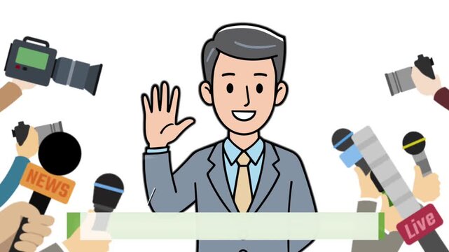 cartoon animation of a public figure being interviewed by several journalists