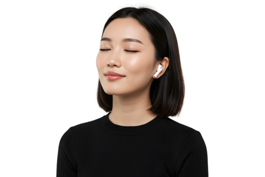Portrait young Asian woman with eyes closed, listening to music or a podcast with wireless earbuds isolated on transparent cutout background, cut out, png