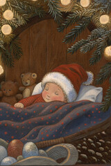 Sleeping Baby in Santa Hat with Teddy Bears — Watercolor Illustration