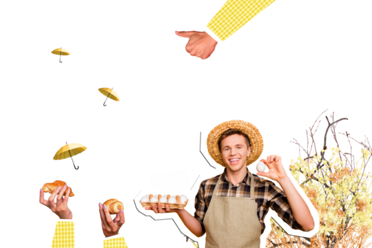 Composite trend artwork image collage of autumn thanksgiving day tradition feast farmer young man hold eggs food croissant umbrella thumb
