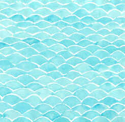 Watercolor painting abstract background of soft blue waves on paper. Illustration for waves or water, summer concept. copy space for the text. Hand painted texture style.