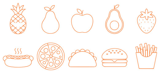 A collection of simple orange line art icons representing various fruits and fast food items
