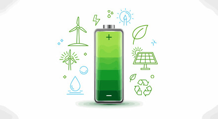 Sustainable Energy Battery With Renewable Icons Concept Design