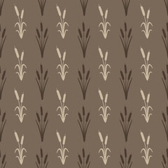 Seamless pattern of stylized cattails and reeds on a brown background