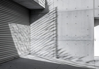 Obraz premium Modern Minimalist Concrete Building Exterior with Garage Door and White Entrance