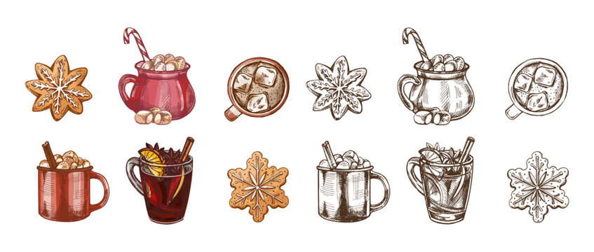 Hand drawn vintage sketch of Christmas drinks and ginger cookies with cocoa and mulled wine in color and monochrome version