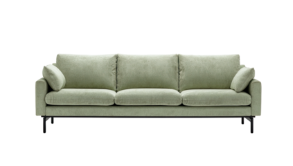 A three-cushion sofa, upholstered in muted green fabric, with black metal legs, against a black background