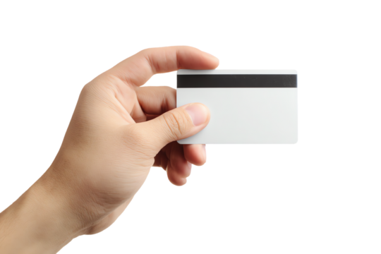 Hand holding a blank credit card isolated on transparent background