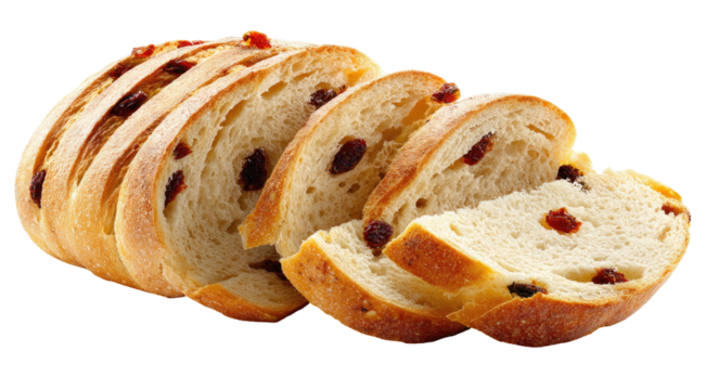 Freshly sliced loaf of raisin bread, showcasing the light interior and studded with dried fruit