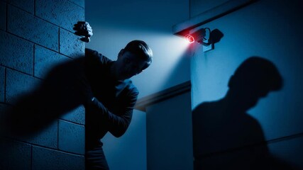 Security system in action captures intruder attempting burglary, with motion sensor light shining. Security system, home security technology helps detect criminal trespassers in neighborhood.