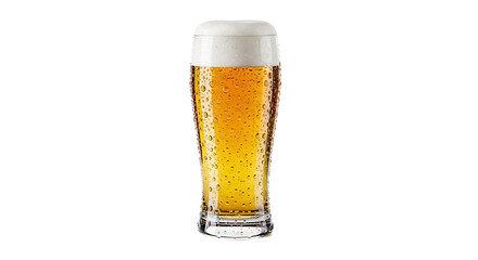 Refreshing pilsner beer in a tall glass with condensation on transparent background