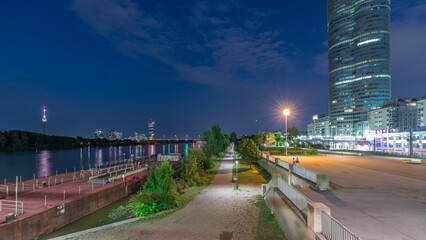 Beautiful cityscape with modern buildings day to night timelapse, the tallest skyscraper in Austria