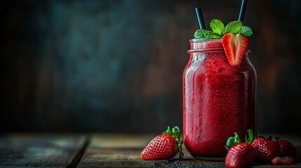 Strawberry smoothie served in a jar with fresh strawberries and mint leaves on rustic wooden background.
