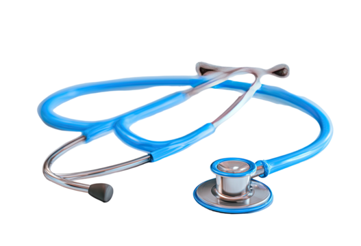A vibrant light blue and silver stethoscope, isolated on a pure black background