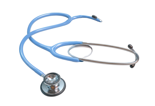 A medical instrument with a silver chest piece, light blue tubes, and ear pieces on black