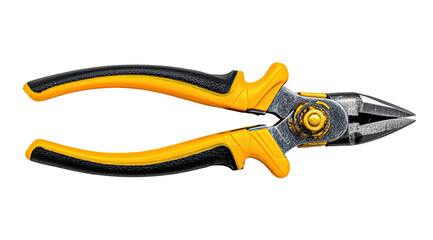 Obraz premium Overhead shot of metal pliers with yellow and black handles isolated on a black background
