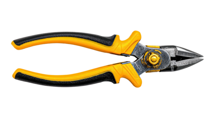 Overhead shot of metal pliers with yellow and black handles isolated on a black background
