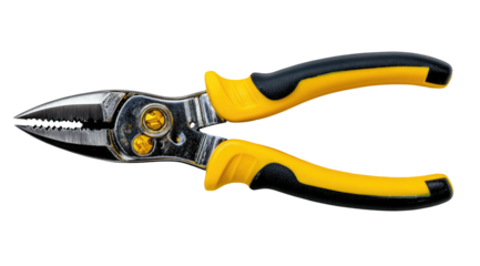 Detailed close-up of a metal multi-tool with yellow and black handles against a black backdrop