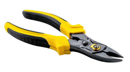 A close-up shot of an open tool with yellow and black handles, designed for cutting