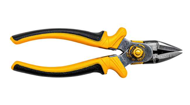 Overhead shot of metal pliers with yellow and black handles isolated on a black background