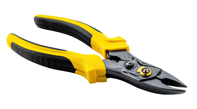 A close-up shot of an open tool with yellow and black handles, designed for cutting