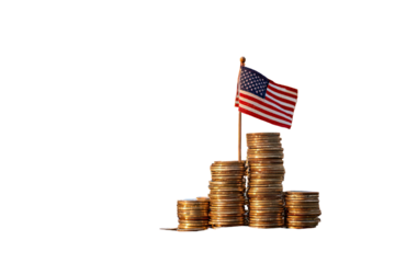 A miniature American flag proudly stands atop stacked coins, symbolizing economic growth and prosperity