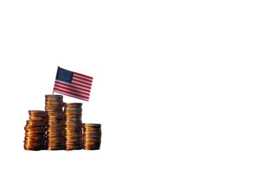 A vibrant image of stacks of coins with an American flag planted on the highest stack