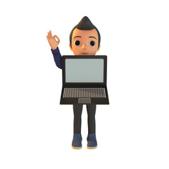 Man Holding Laptop And Ok Sign 3D Illustration