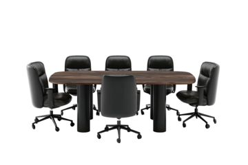 A conference room table with leather chairs. The furniture sits against a black background